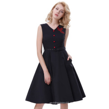 Belle Poque retro vintage sem mangas com decalque em forma de botão decorado preto e vermelho sem mangas ursinho Swing Day Dress BP000265-1